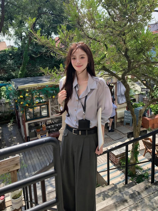 天猫同步【莱赛尔+棉】拉夏贝尔/La Chapelle一粒扣休闲裤女高腰腰带时尚宽松垂感直筒长裤 商品图7