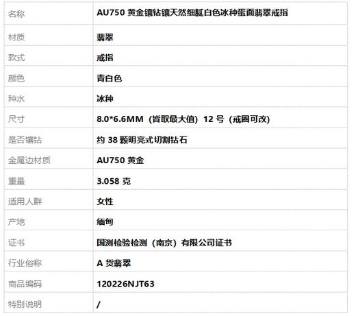 【天然正品】A货翡翠AU750黄金镶钻镶天然细腻白色冰种蛋面翡翠戒指12号（戒圈可改）120226NJT63 商品图8