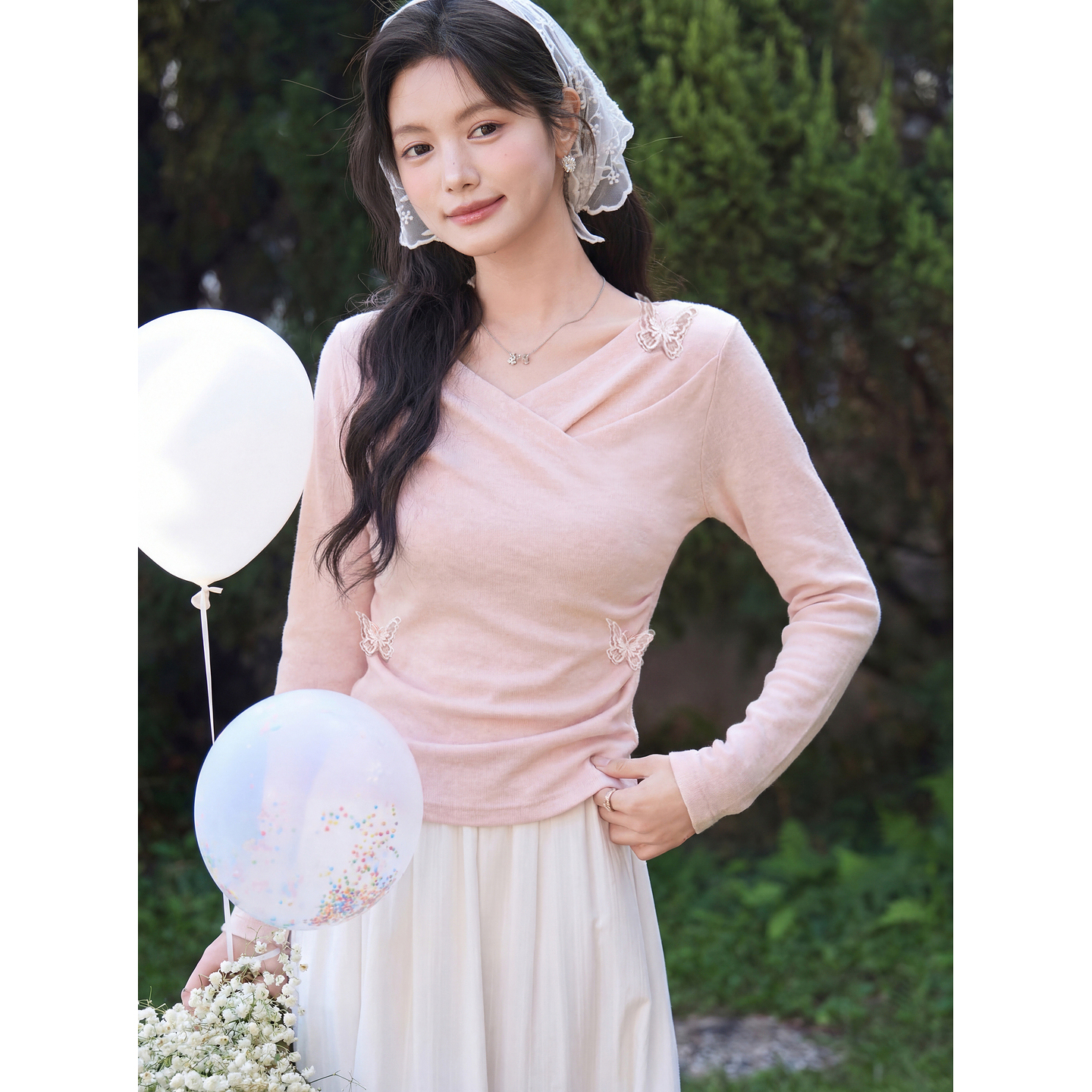 鹿向南「桃与蝶序」莱赛尔设计感粉色长袖T恤女春夏收腰修身上衣