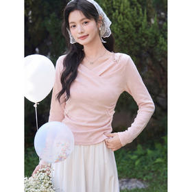 鹿向南「桃与蝶序」莱赛尔设计感粉色长袖T恤女春夏收腰修身上衣
