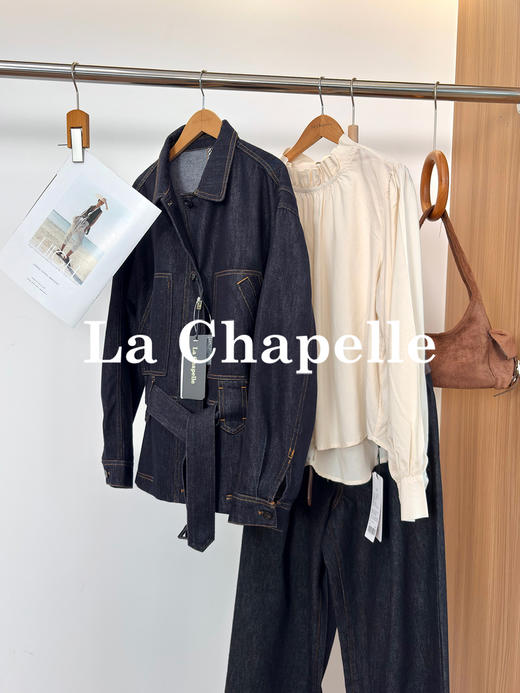 专柜实拍【轻奢风牛仔】拉夏贝尔/La Chapelle翻领口袋明线廓形设计配腰带时髦牛仔上衣气质老钱风外套 商品图4