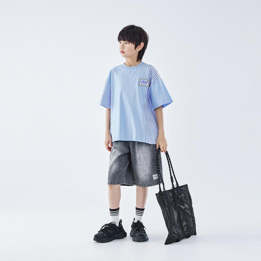 蓝汽水2026夏季新品男童条纹拼接上衣青少年凉感抗菌时尚短袖T恤 商品图1