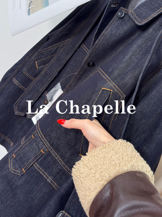 专柜实拍【轻奢风牛仔】拉夏贝尔/La Chapelle翻领口袋明线廓形设计配腰带时髦牛仔上衣气质老钱风外套 商品图9