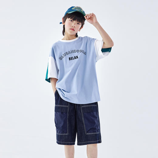 蓝汽水2026夏新款男童全棉撞色复古度假风上衣青少年字母短袖T恤 商品图3