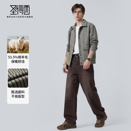 【含绵羊毛】圣得西男士条纹翻领夹克2026新款春季保暖通勤风上衣 商品图3