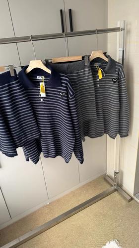 F032076休闲慵懒韩系通勤风宽松版型翻领半开襟纽扣条纹针织套装