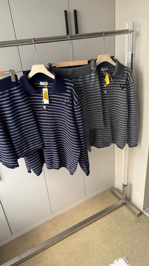 F032076休闲慵懒韩系通勤风宽松版型翻领半开襟纽扣条纹针织套装 商品图0