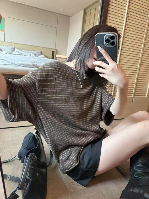 老米优品🎈3-5天！230g人棉面料！《纸片人 oversize 复古条纹宽松五分袖tee》人棉面料超舒服！软糯松弛巨显瘦~T260320A 商品图0