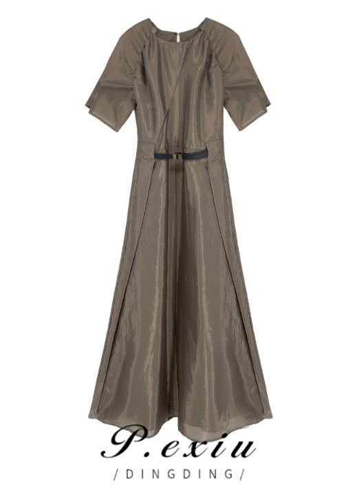 03-4潘依绣丁丁宠粉夏季极简风法式气质显瘦褶皱收腰中长连衣裙 K16130 商品图0