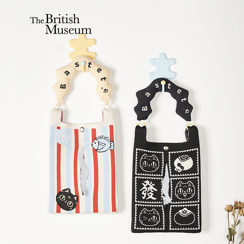 大英博物馆巴斯特系列 萌猫表情车载抽纸巾挂包 萌猫格纹车载抽纸巾挂包