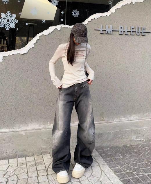 F032091泼墨涂鸦男女同款复古水洗做旧直筒微喇牛仔裤 商品图14