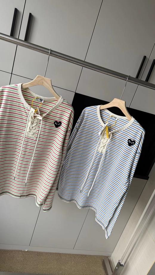 F032071清新复古宽松落肩版型彩条系带爱心刺绣长袖T恤 商品图1