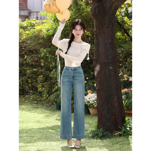 鹿向南「湛蓝海岸」蓝色宽松牛仔裤女夏高腰显瘦直筒宽松九分长裤 商品图1