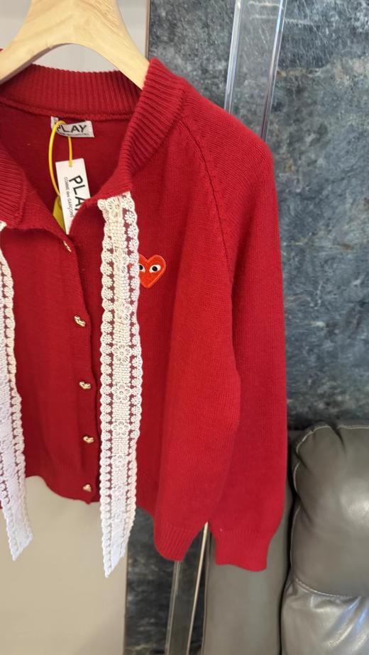 F0320149甜美俏皮红蕾丝蝴蝶结宽松落肩针织开衫毛衣 商品图3