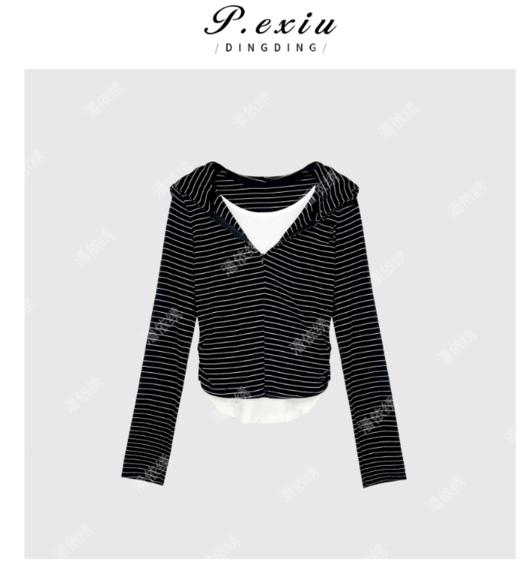 03-4潘依绣丁丁宠粉夏季新款连帽假两件打底条纹长袖上衣W7490 商品图0