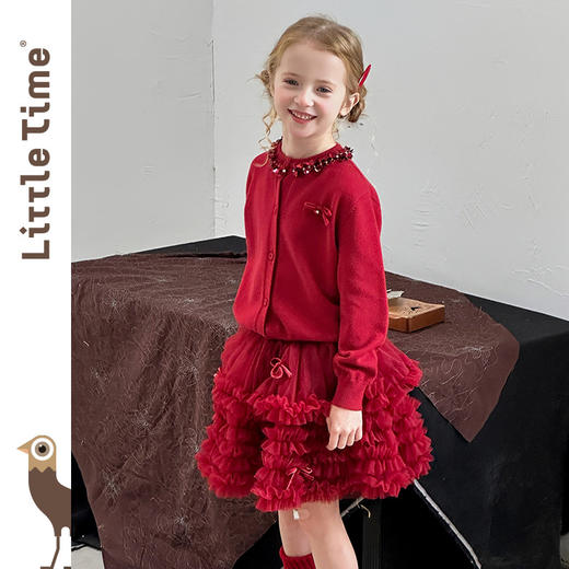 littletime女童红色亮片领针织开衫蓬蓬裙套装儿童演出服拜年服 商品图1