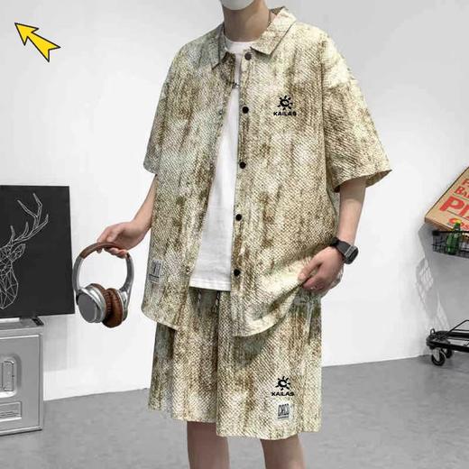 F0320129翻领复古国风短袖套装休闲纯色棉休闲运动两件套 商品图1