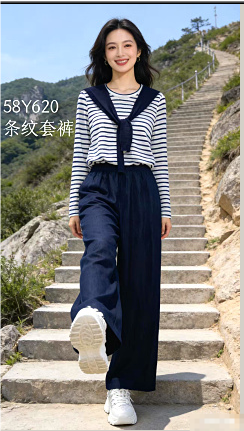 58Y620春上新 时尚休闲经典条纹款套装