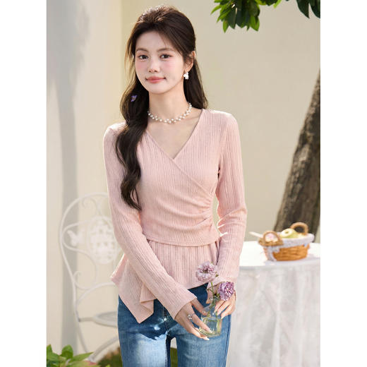 鹿向南「桃枝酿雪」粉红色轻薄长袖T恤女春季新款时尚设计感上衣 商品图1