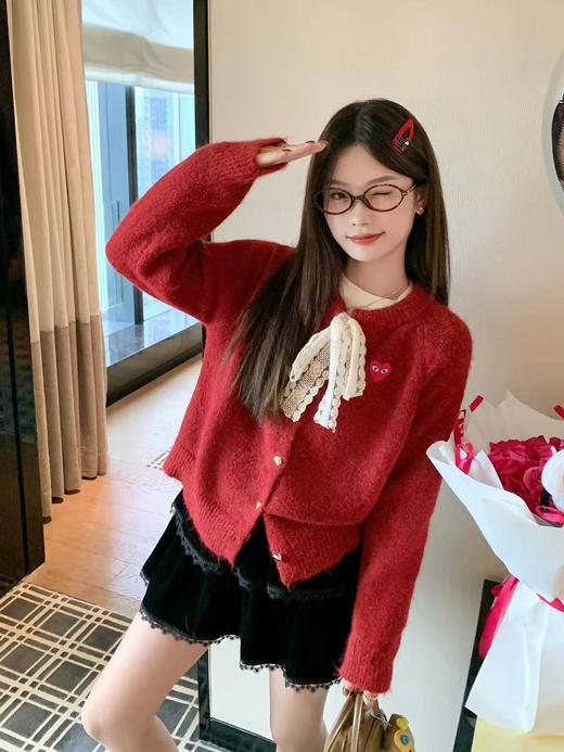 F0320149甜美俏皮红蕾丝蝴蝶结宽松落肩针织开衫毛衣 商品图10