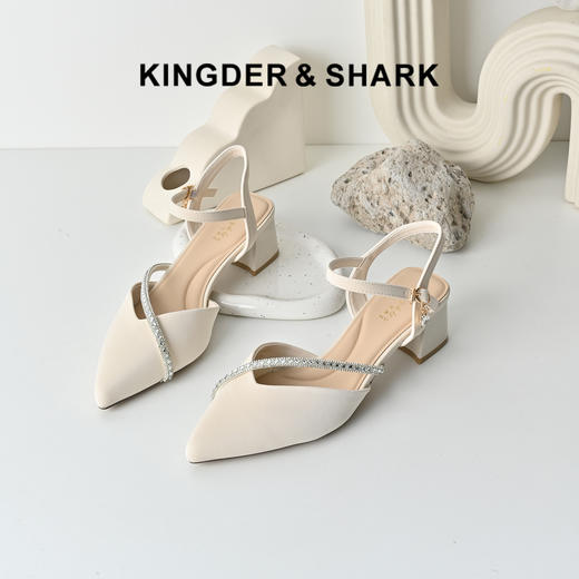 经典鲨2026夏季专柜新品优雅尖头中粗跟气质水钻单鞋凉鞋女KW87-629051 商品图0