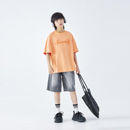 蓝汽水2026夏新品男童全棉落肩上衣青少年度假风字母印花短袖T恤 商品图1