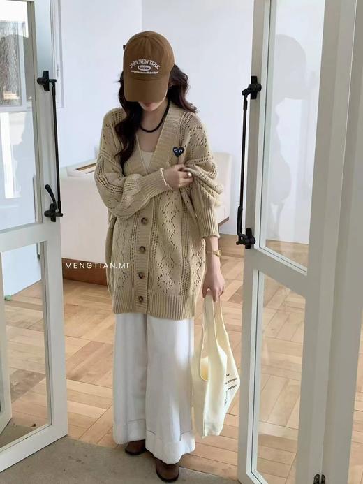 F032075休闲复古落肩黑色爱心刺绣V领灯笼袖长款开衫外套 商品图2