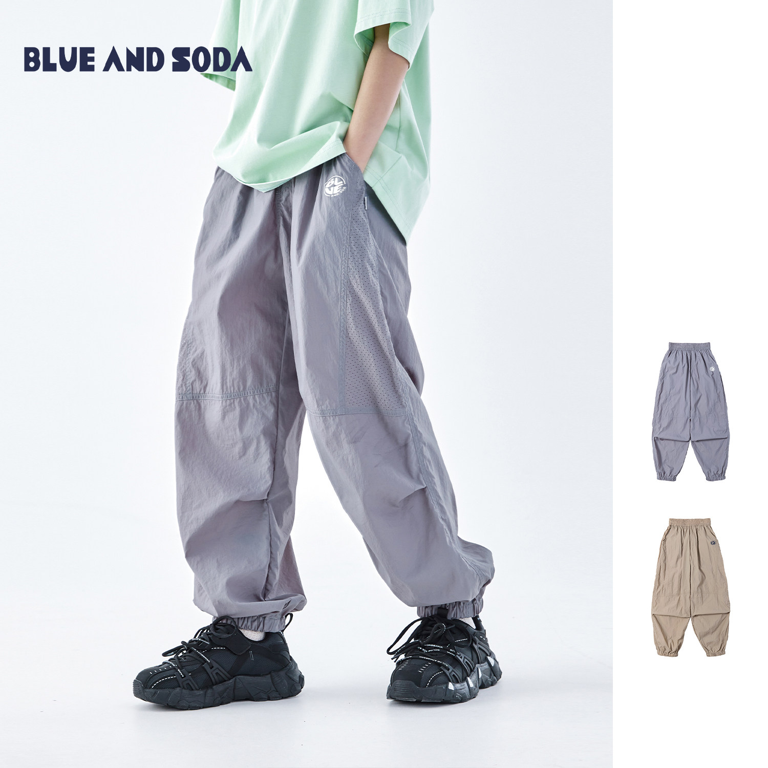 蓝汽水2026夏季男童网眼透气青少年户外抽褶轻薄登山防蚊束脚长裤