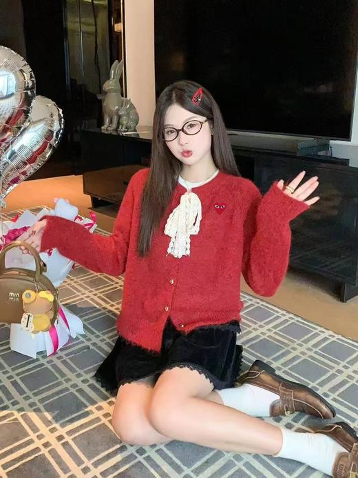 F0320149甜美俏皮红蕾丝蝴蝶结宽松落肩针织开衫毛衣 商品图5