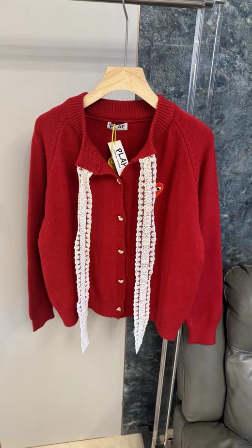 F0320149甜美俏皮红蕾丝蝴蝶结宽松落肩针织开衫毛衣 商品图1