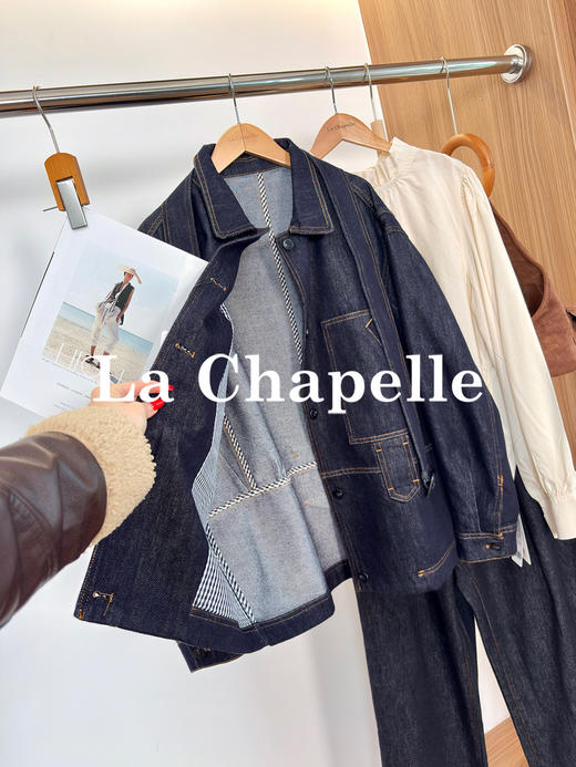 专柜实拍【轻奢风牛仔】拉夏贝尔/La Chapelle翻领口袋明线廓形设计配腰带时髦牛仔上衣气质老钱风外套 商品图6