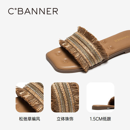 【上新】千百度草编风一字拖女2026夏季新款外穿平底踩屎休闲拖鞋A26356828 商品图3