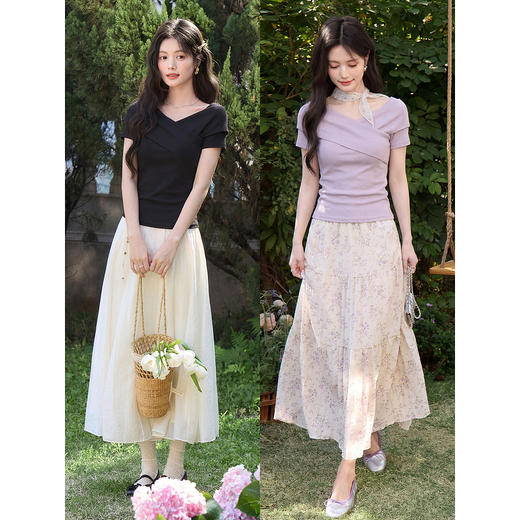 鹿向南「塞纳来信」莱赛尔高级感黑色设计感短袖T恤女夏气质上衣 商品图4