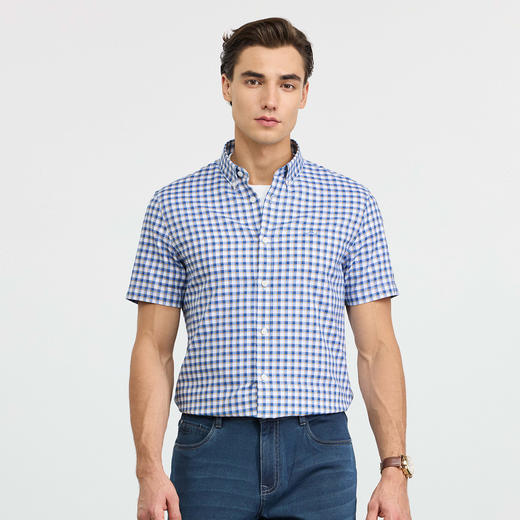 【纯棉】德鲨男装蓝色短袖格子衬衫2026夏新款休闲打底上衣男衬衣 商品图1