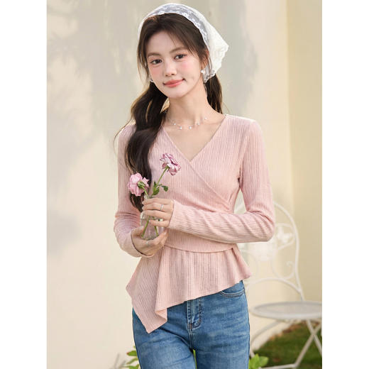 鹿向南「桃枝酿雪」粉红色轻薄长袖T恤女春季新款时尚设计感上衣 商品图3