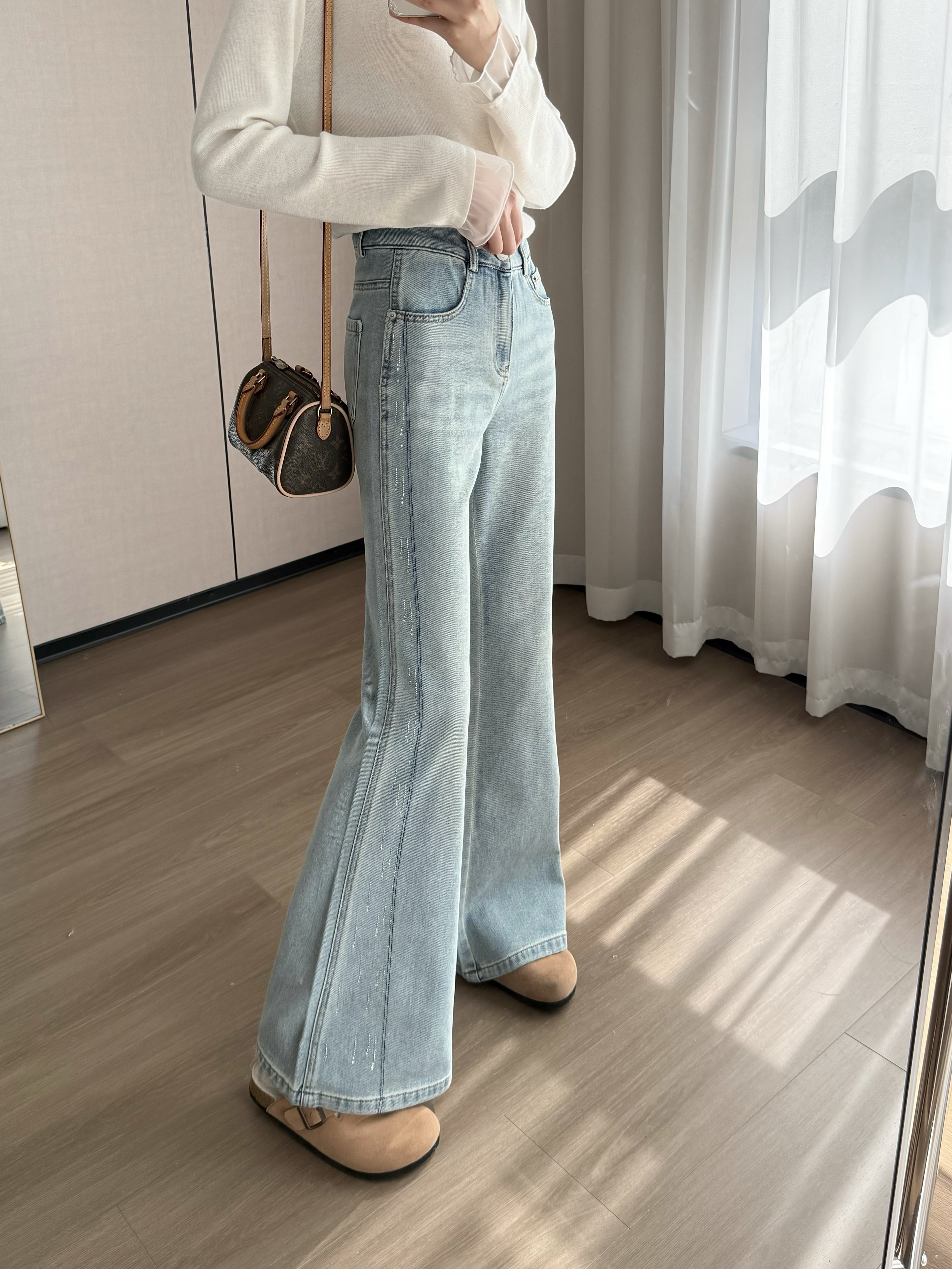 土耳其牛仔棉天丝莱赛尔垂顺烫钻微喇窄腿牛仔裤