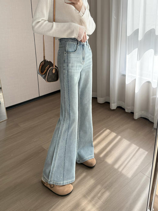 土耳其牛仔棉天丝莱赛尔垂顺烫钻微喇窄腿牛仔裤 商品图0