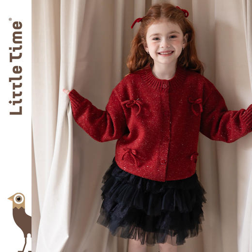 littletime女童开衫2026秋冬新款蝴蝶结针织红色新年红毛衣外套 商品图2