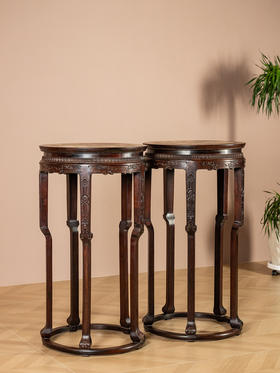 清	红木镶云石五足带托泥圆形高花几（一对）