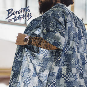 马登工装美式复古Boro古布短袖衬衫vintage印花牛仔衬衣外套男夏