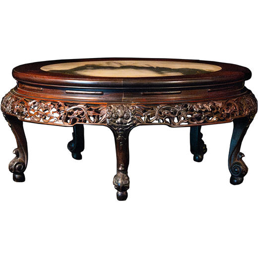 清	红木镶云石透雕花卉纹三弯腿五足圆炕桌 商品图5