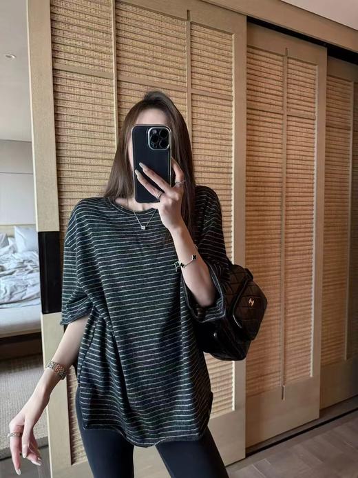 老米优品🎈3-5天！230g人棉面料！《纸片人 oversize 复古条纹宽松五分袖tee》人棉面料超舒服！软糯松弛巨显瘦~T260320A 商品图7