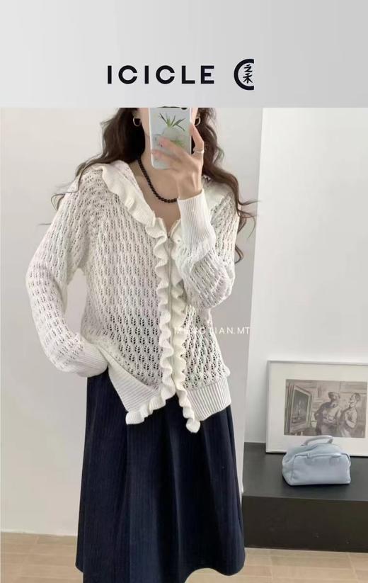 F032017春秋新款时尚百搭荷叶边镂空针织长袖开衫 商品图9