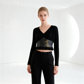 【孤品样衣，不退不换】高级感弹力V领荷叶边下摆上衣