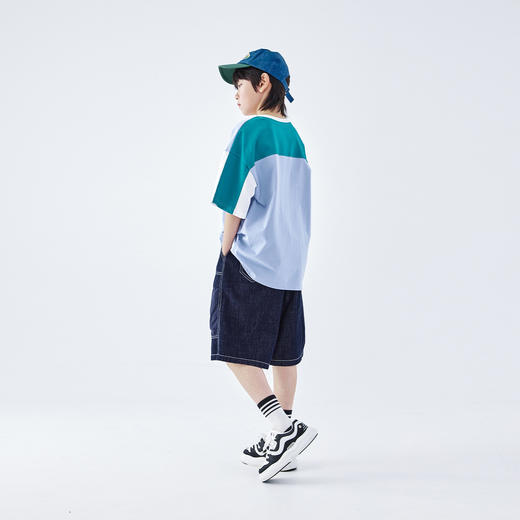 蓝汽水2026夏新款男童全棉撞色复古度假风上衣青少年字母短袖T恤 商品图4