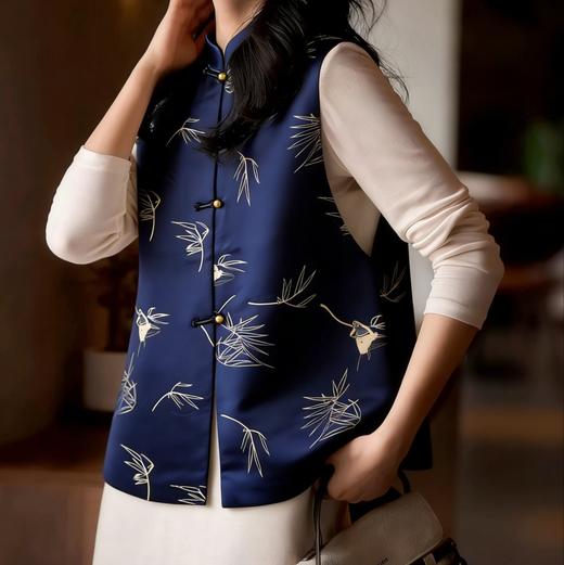 【HERA CHOLE】燕子竹叶撞色印花马甲 光泽感燕子印花中式国风 复古盘扣精致典雅 商品图0