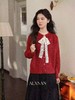 F0320149甜美俏皮红蕾丝蝴蝶结宽松落肩针织开衫毛衣 商品缩略图11
