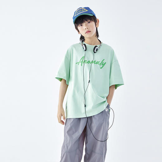 蓝汽水2026夏新品男童全棉落肩上衣青少年度假风字母印花短袖T恤 商品图3