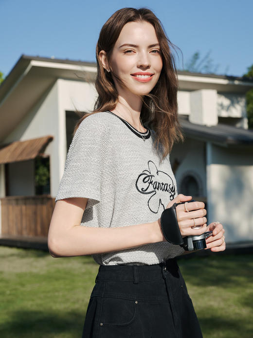 【百图lulu定制】【桃花T】 法式减龄  圈圈棉   字母刺绣T恤 商品图3