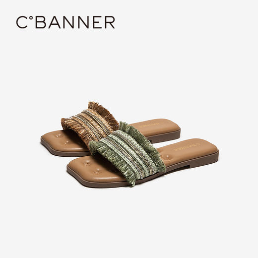 【上新】千百度草编风一字拖女2026夏季新款外穿平底踩屎休闲拖鞋A26356828 商品图0